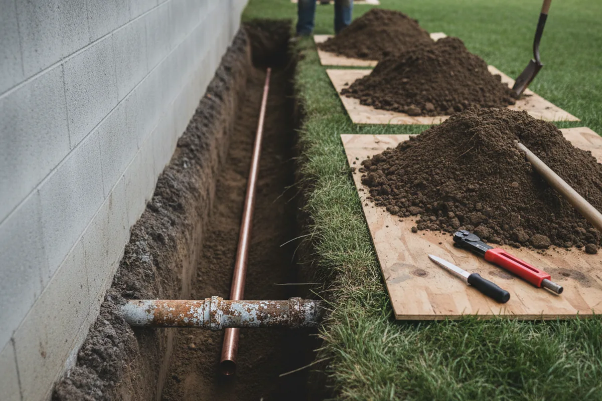 Excavated water line trench during Water Heater Repair in Leesburg